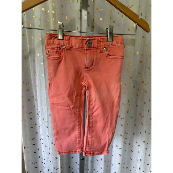 Peek Dungarees Baby Girls Adjustable Waist Florescent Orange Denim Jeans 18 Mo - Picture 2 of 5